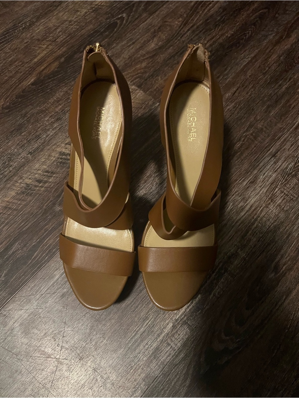 Michael Kors Cognac Leather Crisscross Wedge Sandals - Picture 5 of 5